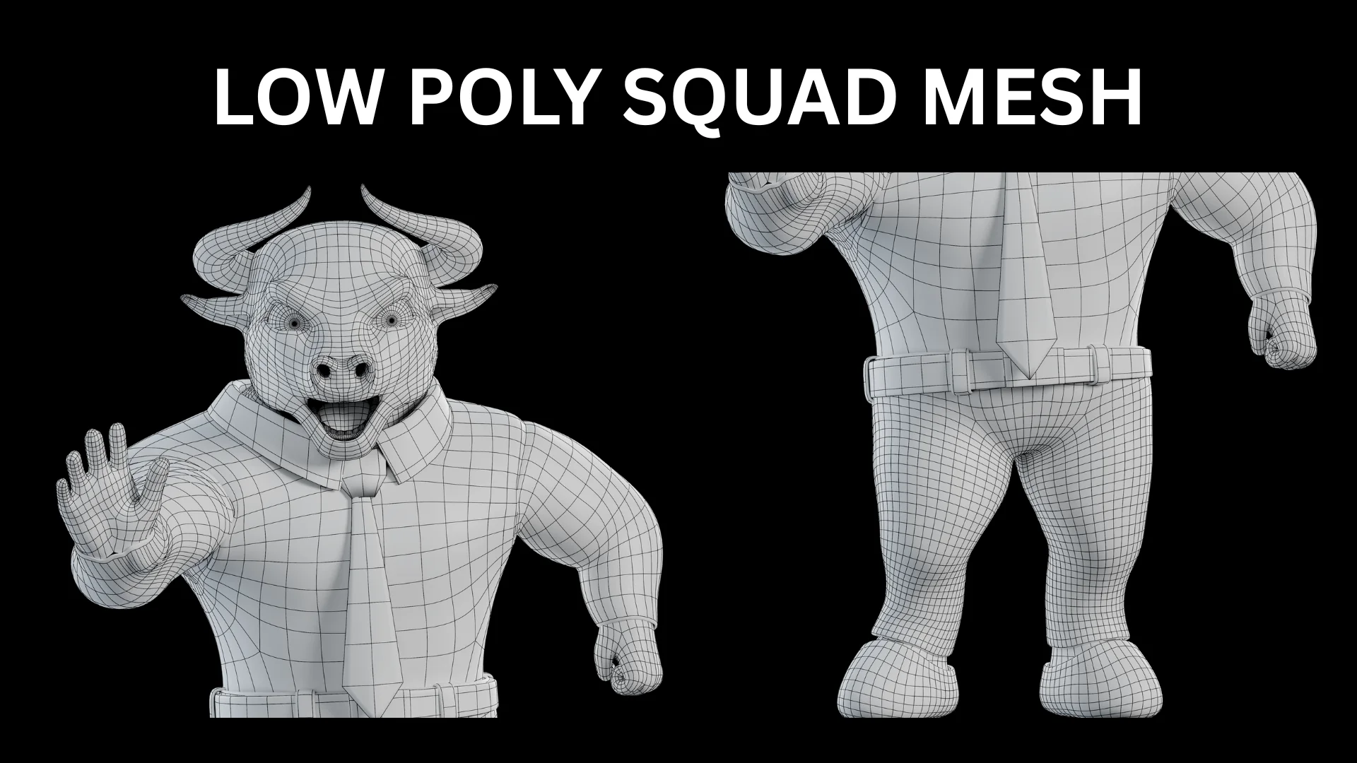 Low-poly quad topology 3D business bull mascot character wireframe